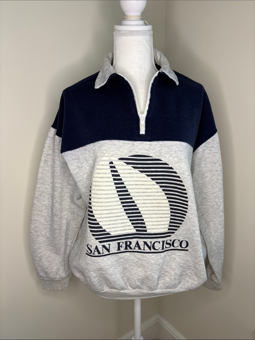 San Francisco Two-Tone Quarter-Zip Sweatshirt - Navy & Light Gray. Large